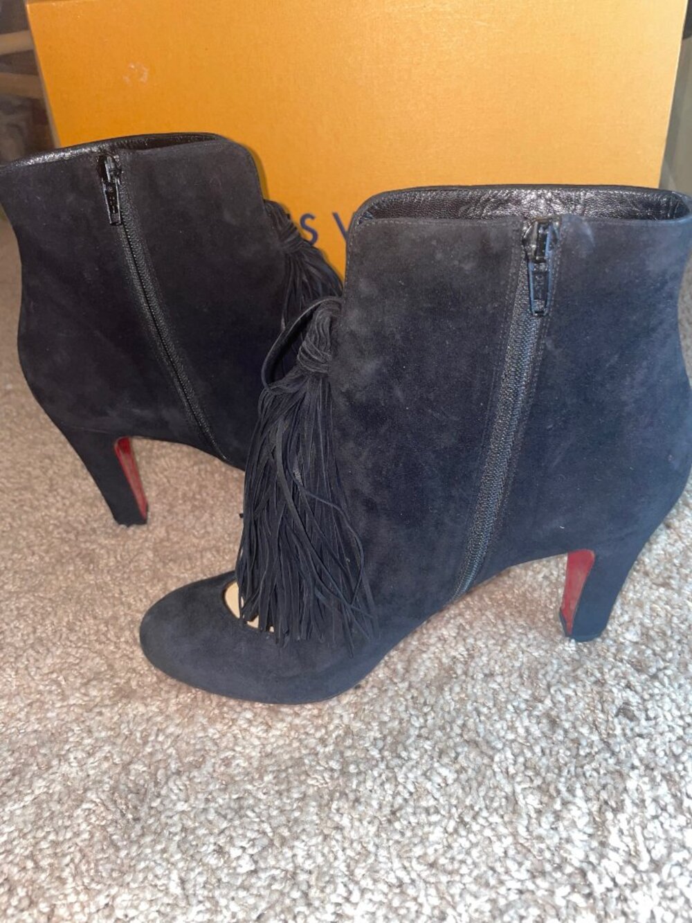 Christian Louboutin Black Suede Fringe Peep Toe Ankle Booties Red Sole - Size 10